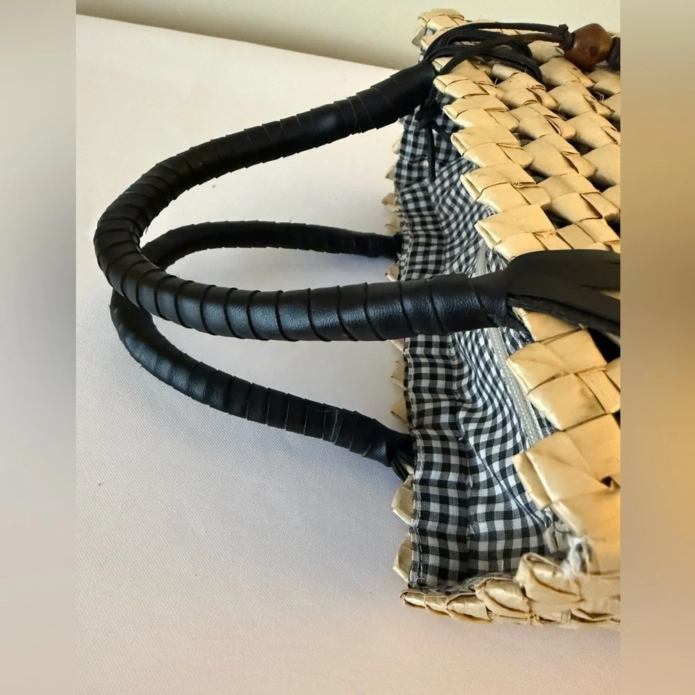 Esprit Black and Cream Woven Double Top Handle Basket Bag - Picture 7 of 9